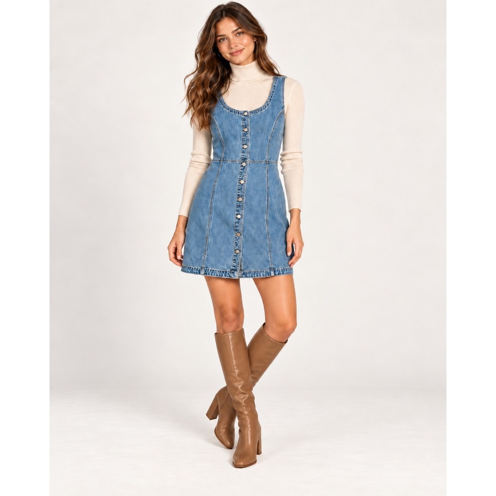 Gap Denim Mini Pinafore Dress Womens XL Tall Medium Wash Button Front 517100